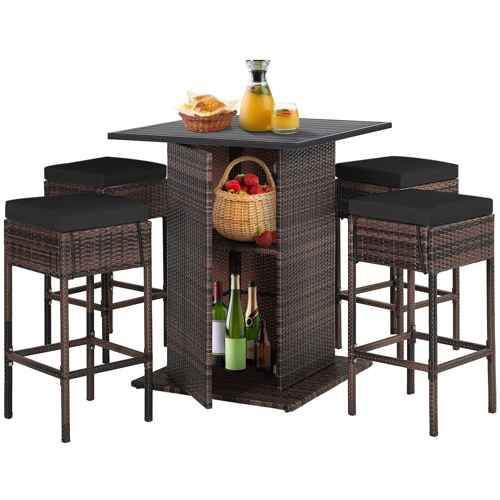 Outdoor Furniture With Storage For Cushions - 5 Piece Outdoor Rattan Bar Set,
